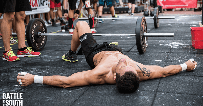 male crossfit athlete exhausted after Ben bergeron crossfit wod