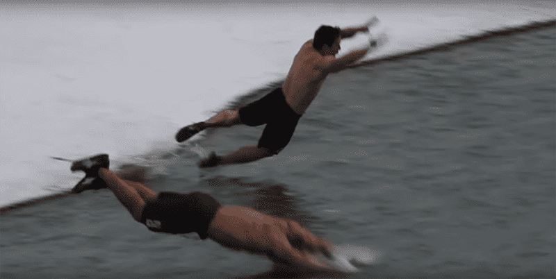 Rich Froning and Dan Bailey swimming in the nearby lake in winter (think Bailey might need to work on his dive)