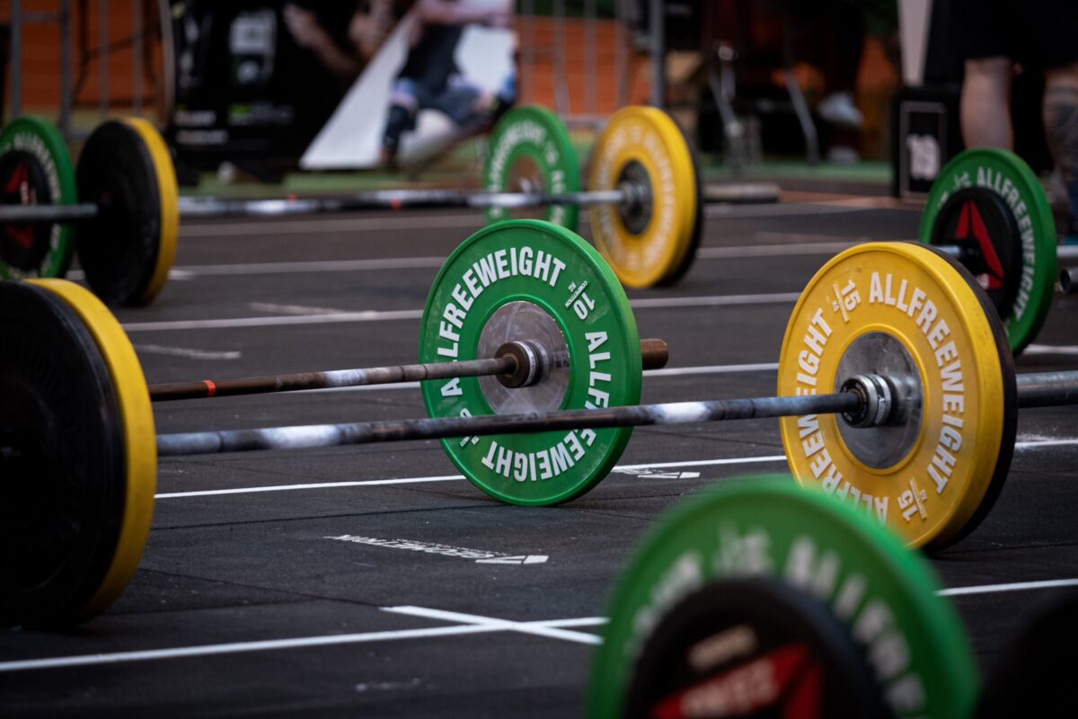 olympic weightlifting barbells on floor
