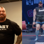 Side-by-side image of Hafthor “Thor” Björnsson deadlifting 510kg for a new world record and Eddie Hall reacting, highlighting their strongman rivalry.