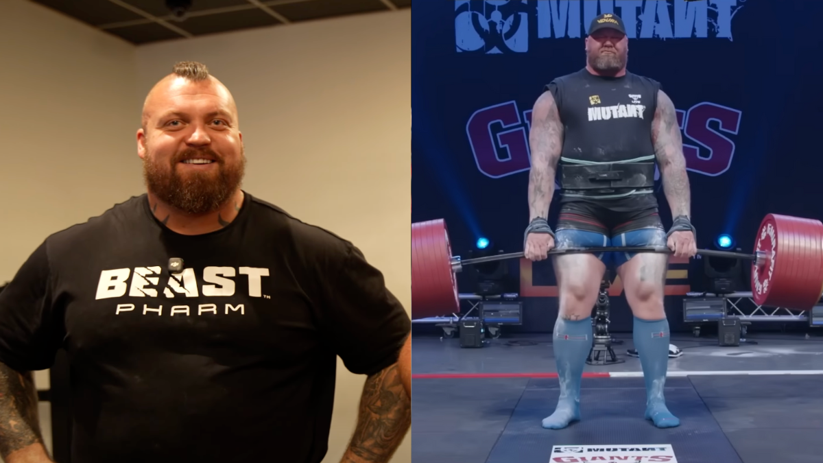 Side-by-side image of Hafthor “Thor” Björnsson deadlifting 510kg for a new world record and Eddie Hall reacting, highlighting their strongman rivalry.