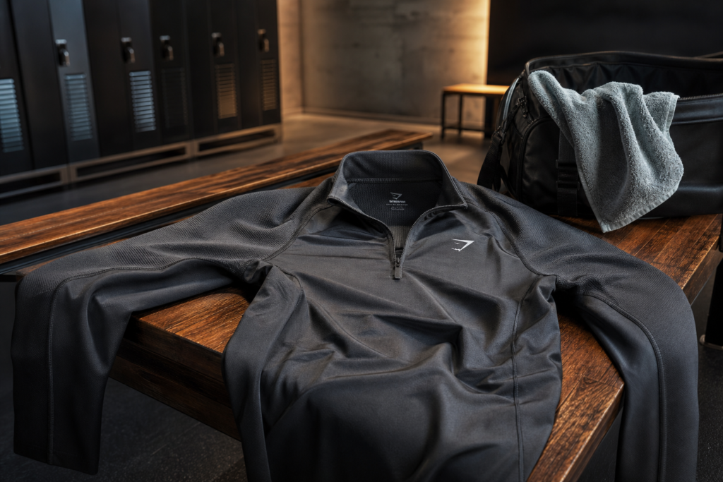 Gray athletic jacket on wooden bench in locker room setting.