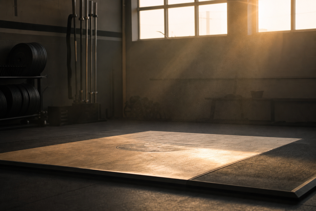 Sunlit gym with weightlifting platform and equipment.